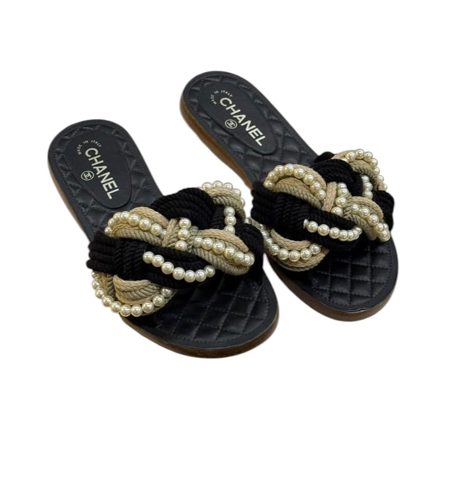 Chanel Faux Pearl Rope Slides Sz 38 SYCYA145