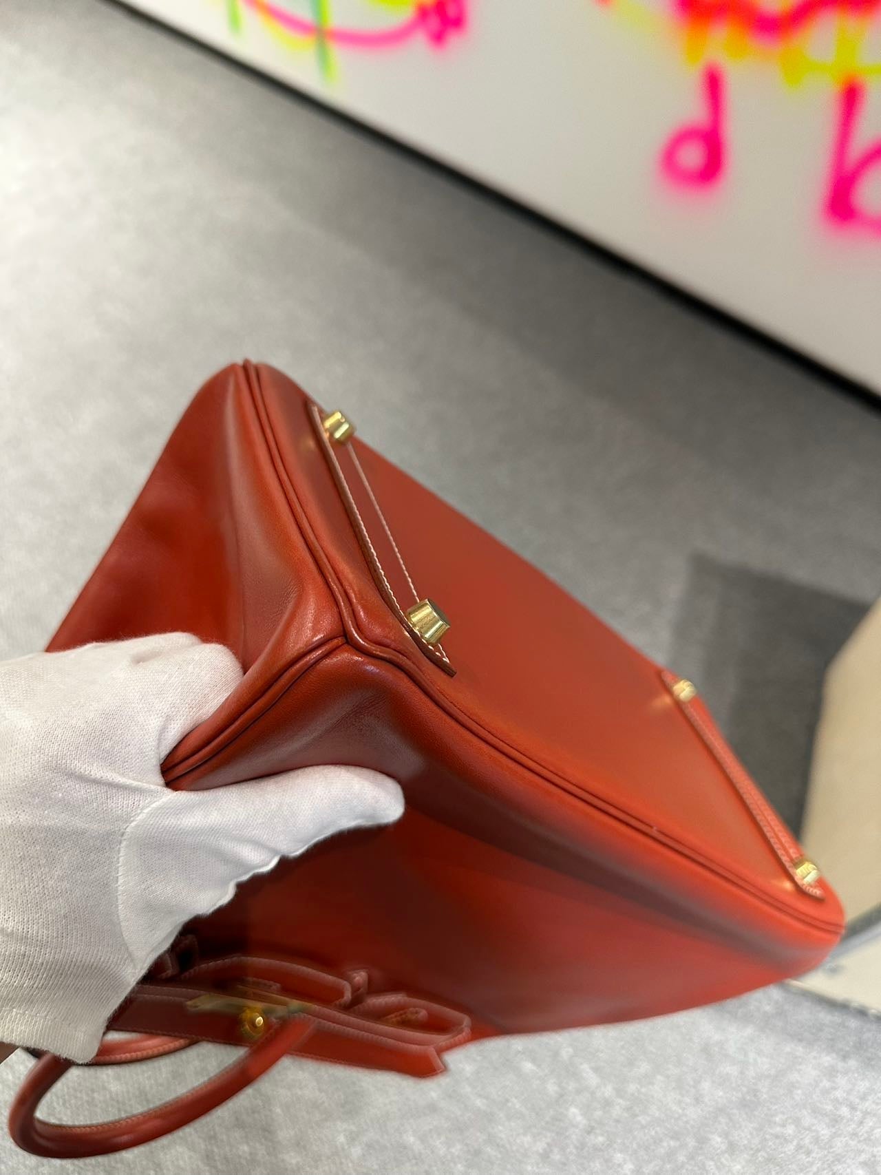 Hermès HAC 32 Brick Red Box Leather Stamp B Pristine Condition