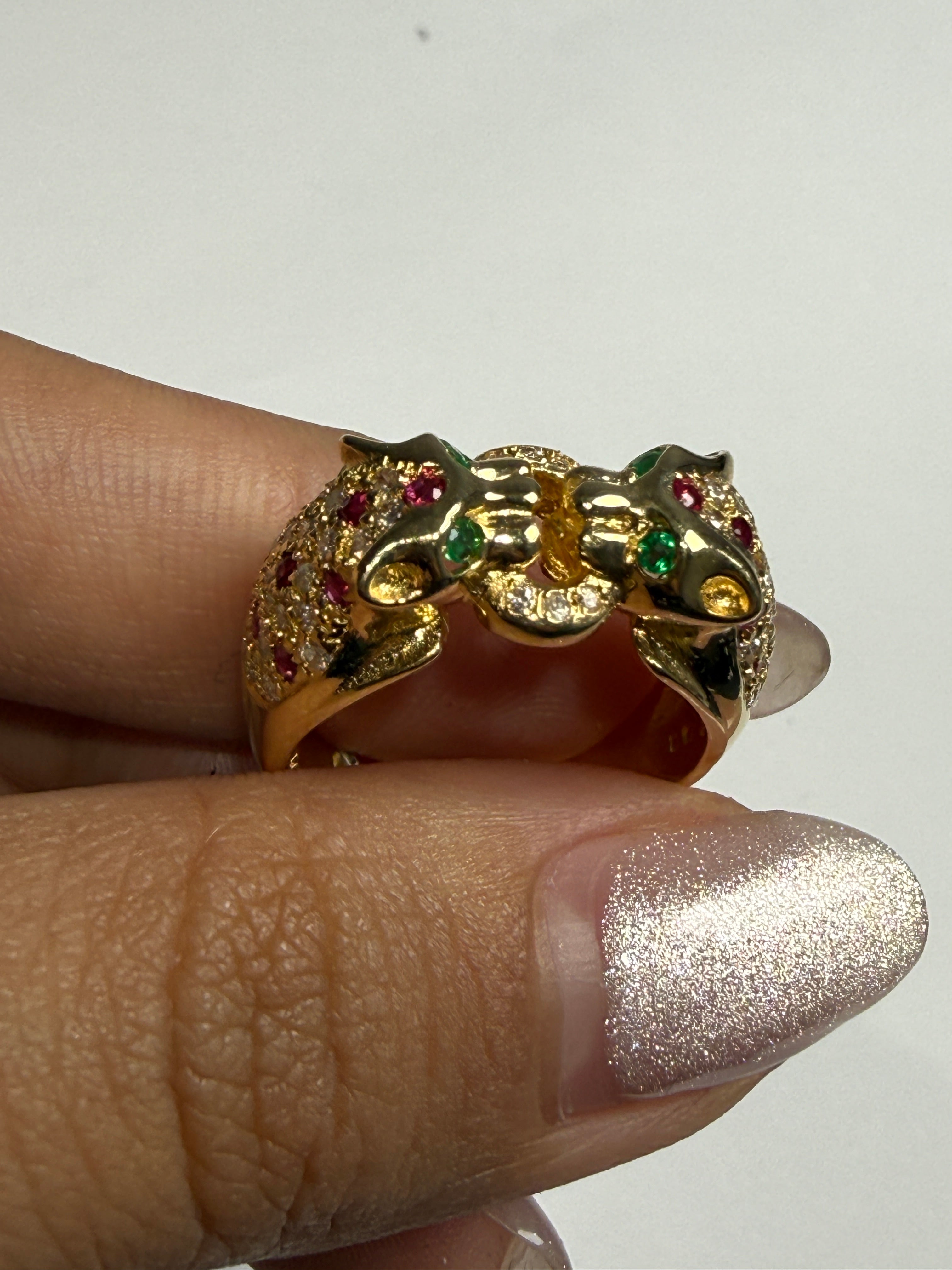 Twin Panther Ring with Ruby, Emerald, Diamonds in 18K US 7 3395 JJC9033