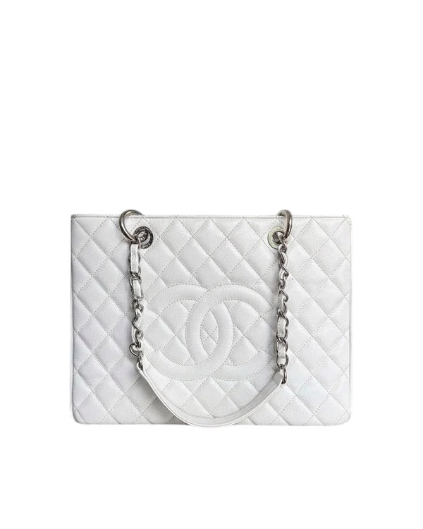 CHANEL GST GRAND SHOPPING TOTE - CAVIAR QUILTED WHITE SILVER HARDWARE SERIES 14 SYCMCA139