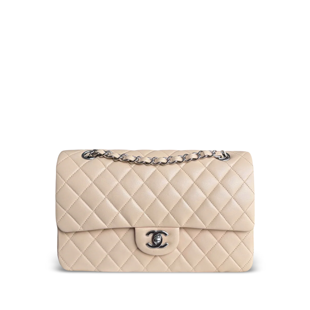 CHANEL CLASSIC FLAP MEDIUM - 25CM QUILTED LAMBSKIN BEIGE SILVER HARDWARE SERIES 15  SYCM600