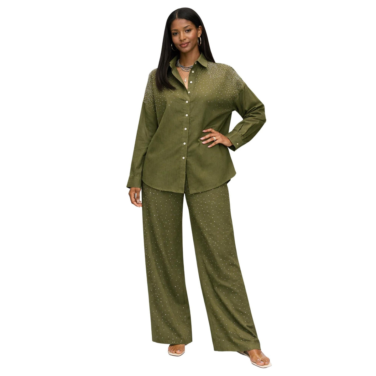 DIAMOND DRIFT EMBELLISHED LINEN CO-ORD SET زوج (SHIRT & PANTS قميص وبنطلون) “NEYA"