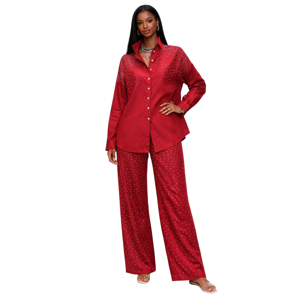 DIAMOND DRIFT EMBELLISHED LINEN CO-ORD SET زوج (SHIRT & PANTS قميص وبنطلون) “NEYA"