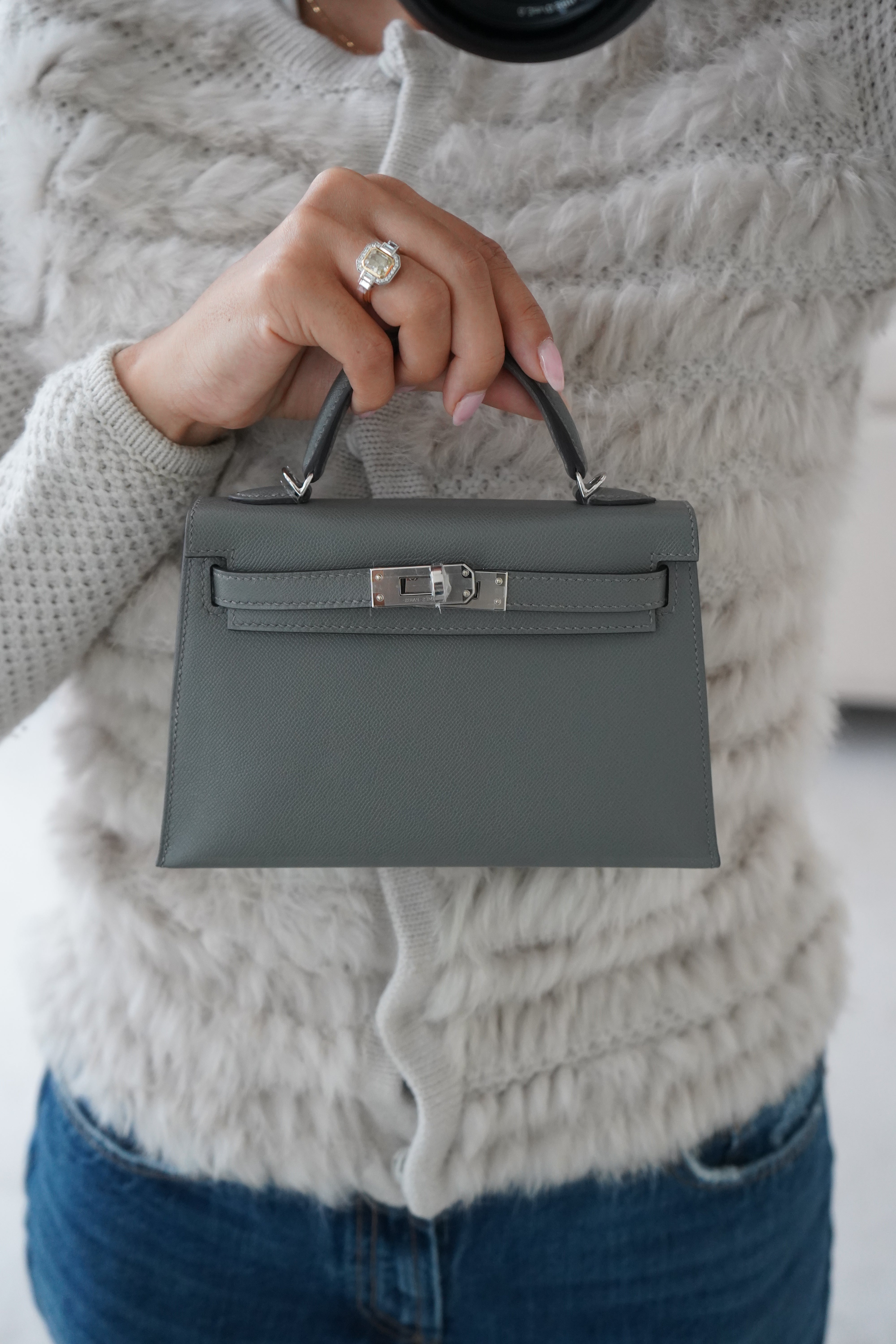 HERMÈS MINI KELLY II 20CM GRIS MEYER Madame Leather with Palladium Hardware