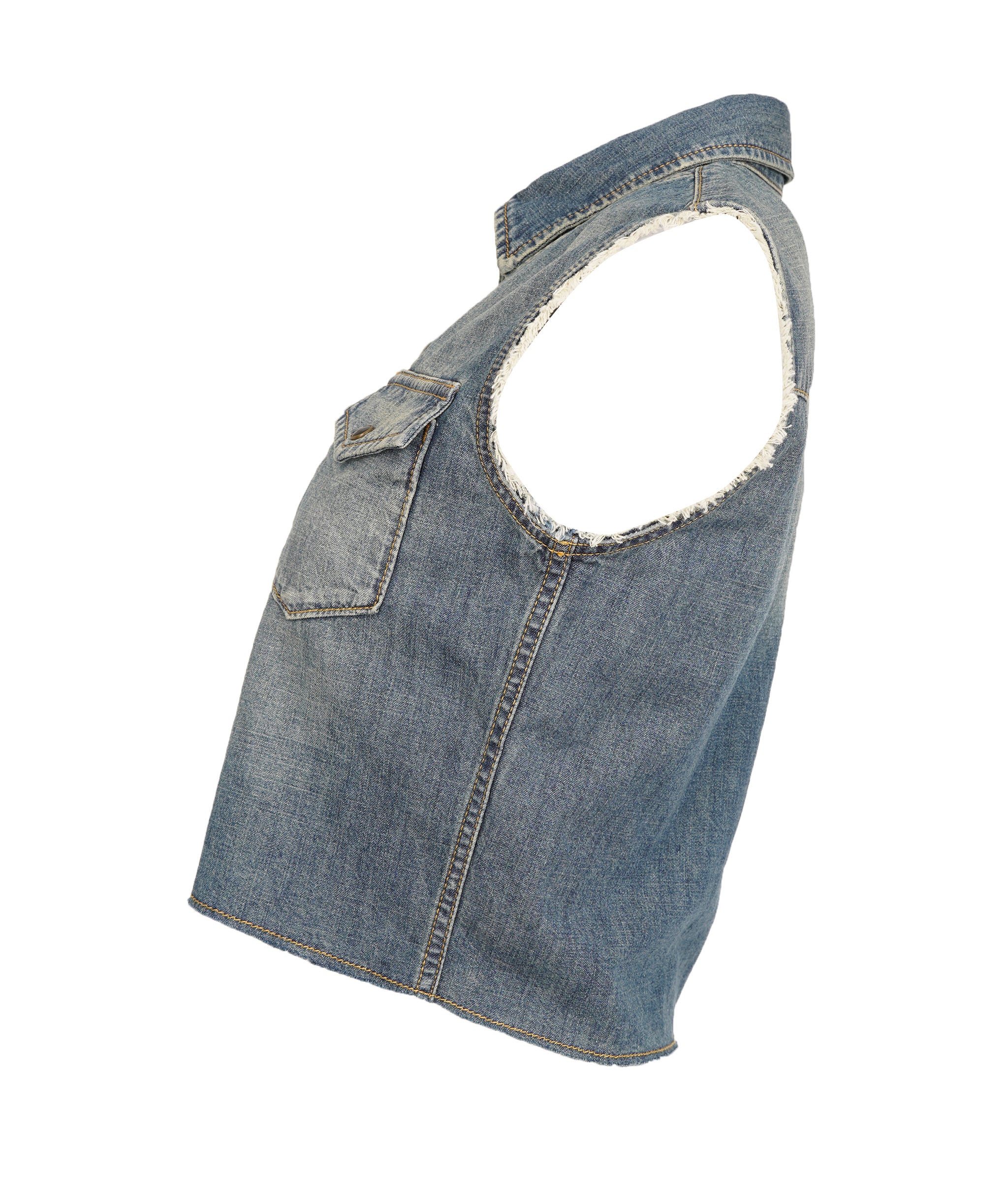 Saint Laurent 2021 Blue Denim Raw Hem Sleeveless Cropped Shirt ALC2006