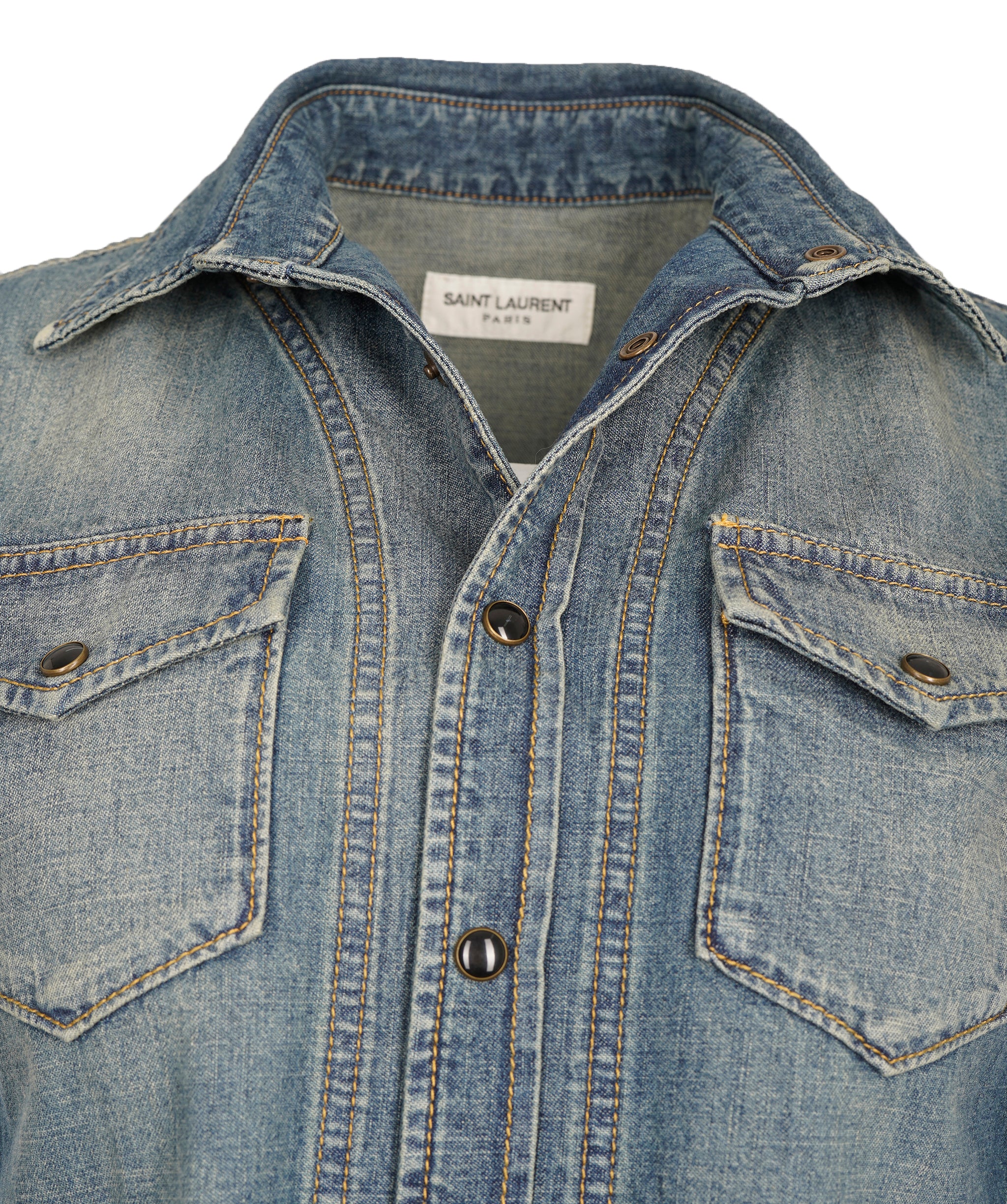 Saint Laurent 2021 Blue Denim Raw Hem Sleeveless Cropped Shirt ALC2006