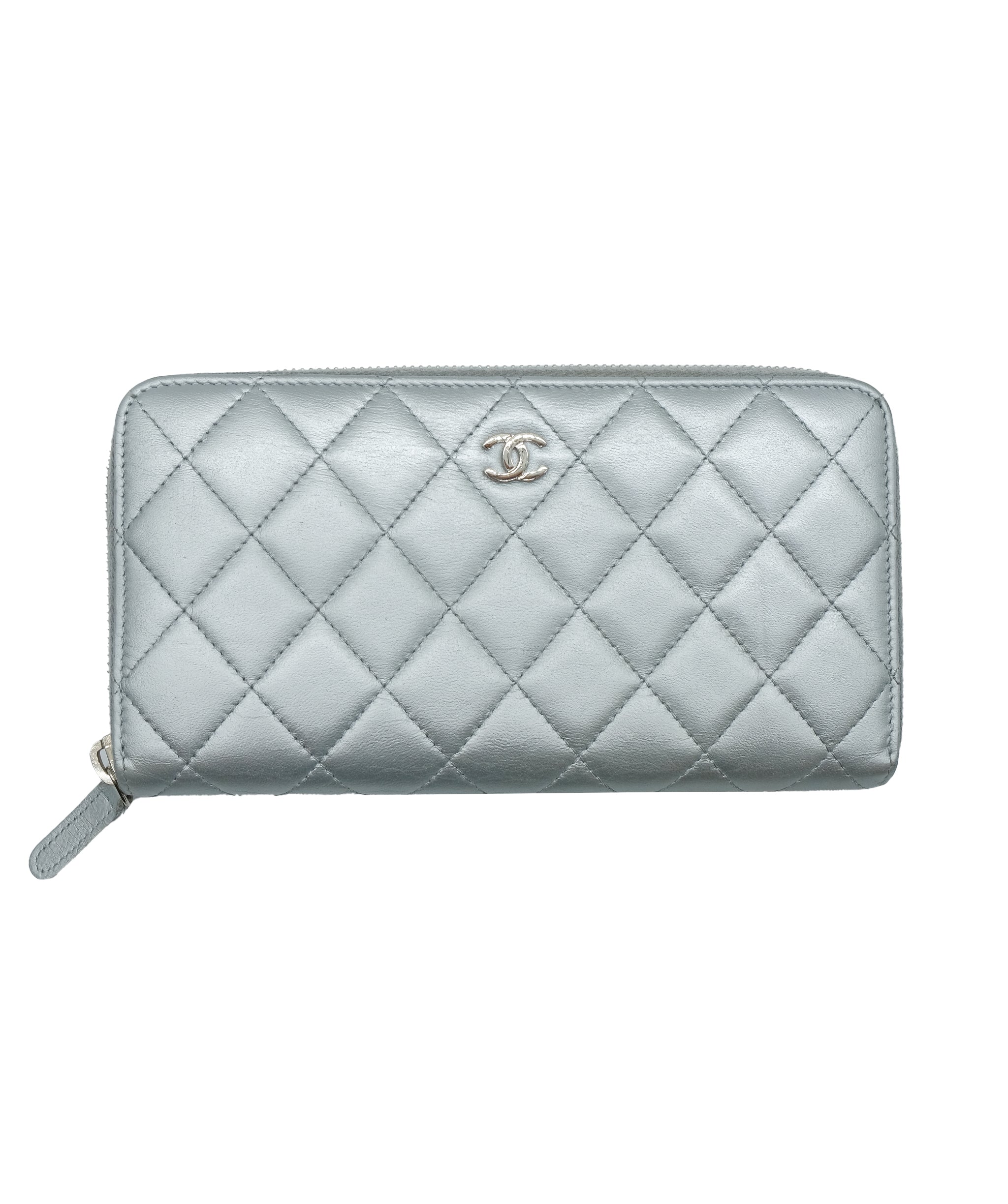 Chanel Long Wallet Lamb Skin Silver CC Auth 49958A DXBS0326