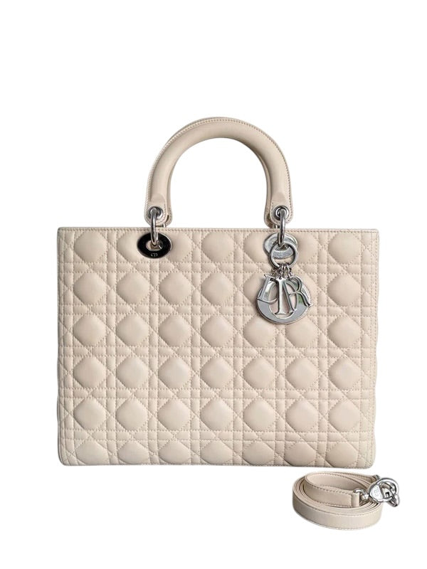 DIOR LADY LARGE - CANNAGE LAMBSKIN BEIGE SILVER HARDWARE SYCMDA118
