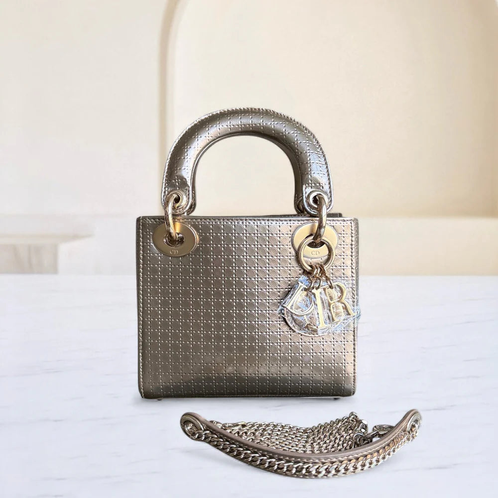 DIOR LADY MINI - CALFSKIN MICRO-CANNAGE METALLIC GOLD GOLD HARDWARE CHAIN STRAP SYCM473