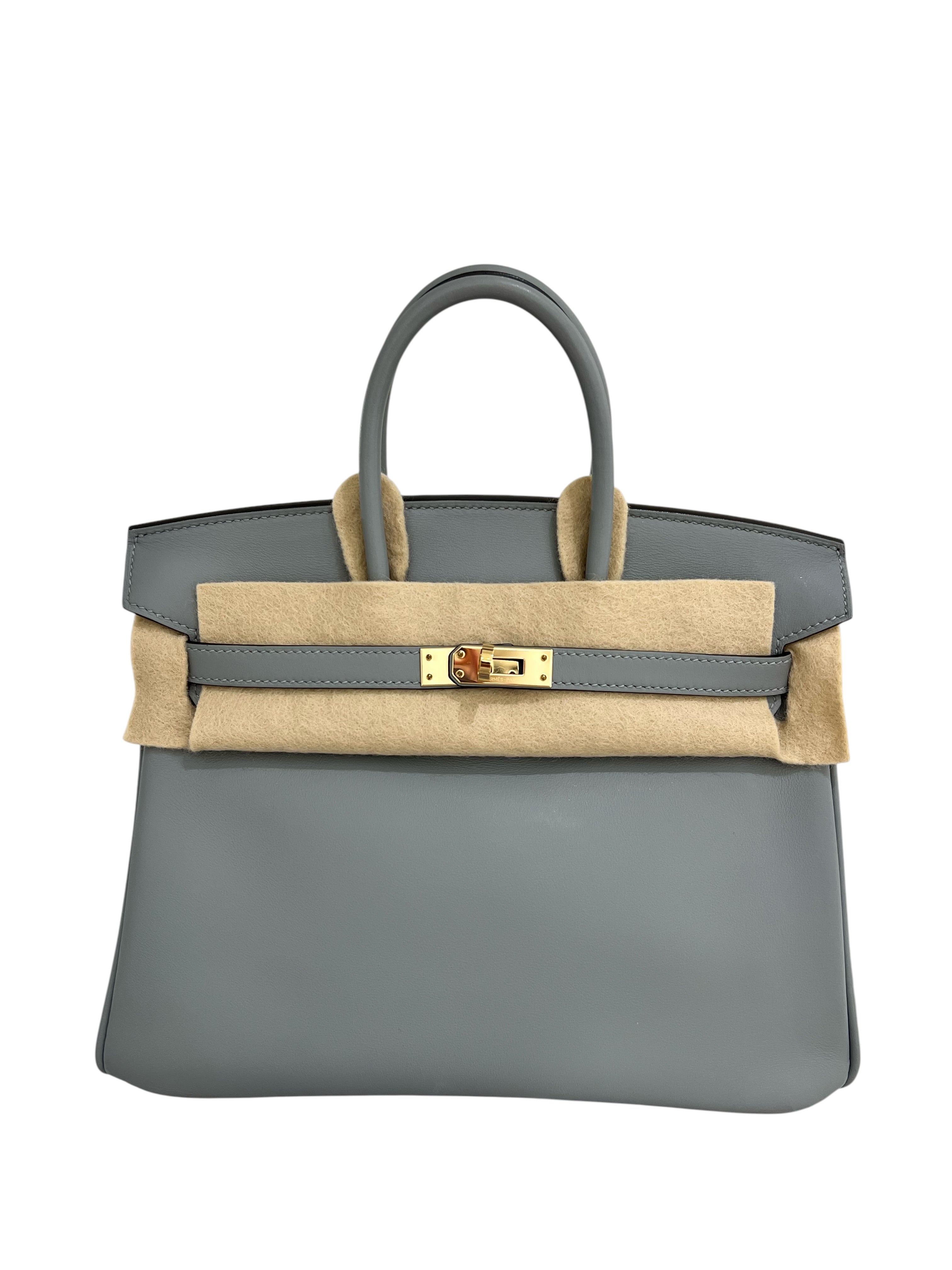 Hermes Birkin 25 Gris Pantin Swift Permabrass HW #W - clouchette lockset, felt, copy receipt, box, 2 DB SYCH4179