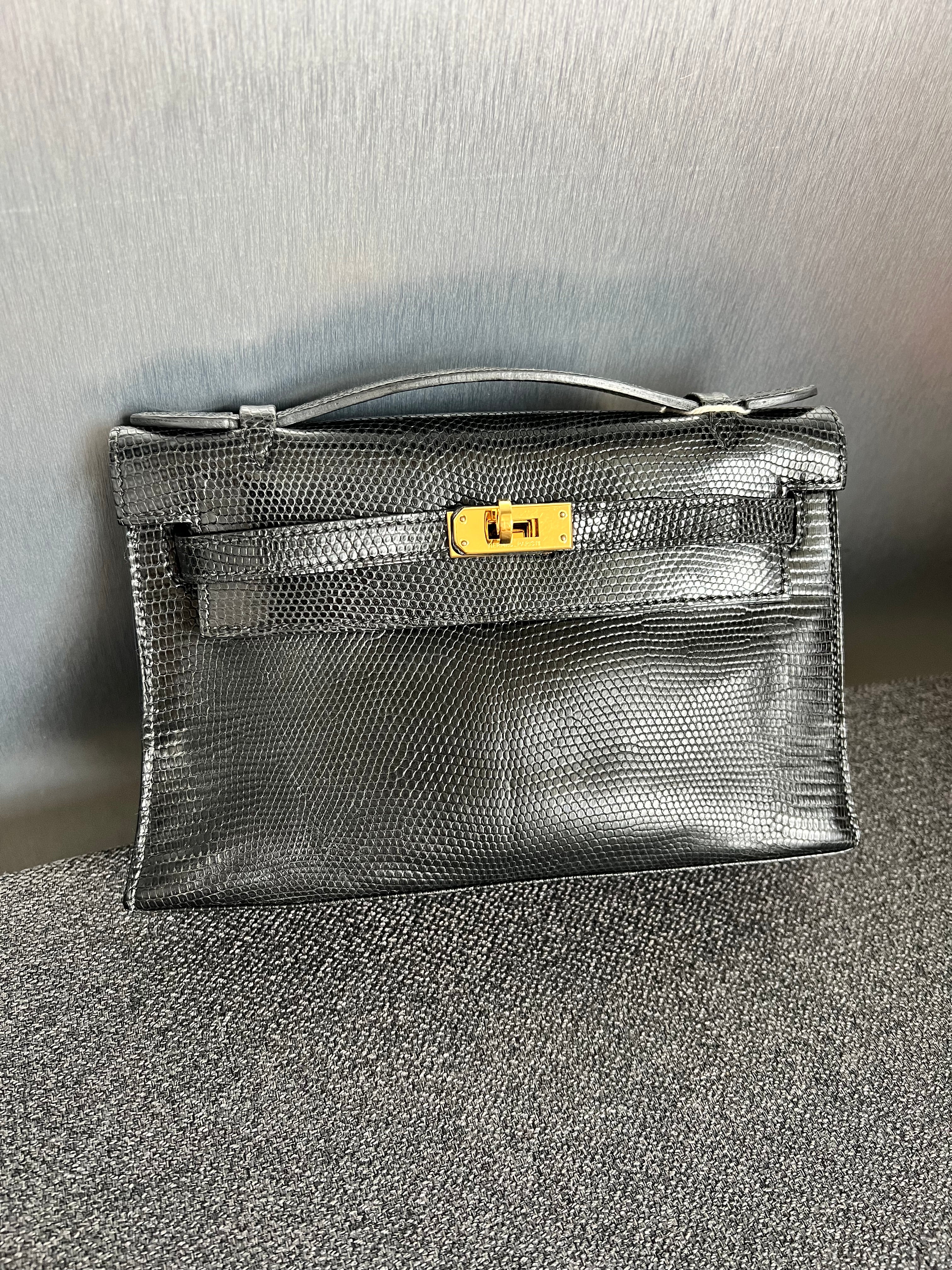 Hermes Kelly Pochette Black Shiny Lizard GHW #N SYCE0208CW