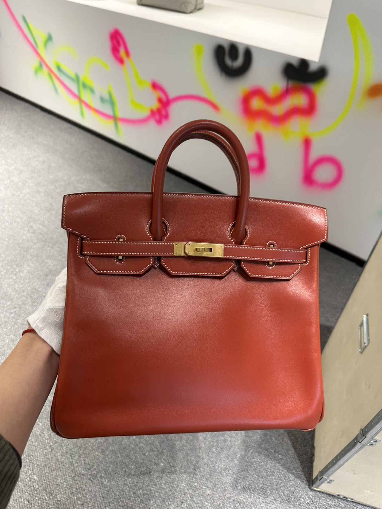 Hermès HAC 32 Brick Red Box Leather Stamp B Pristine Condition