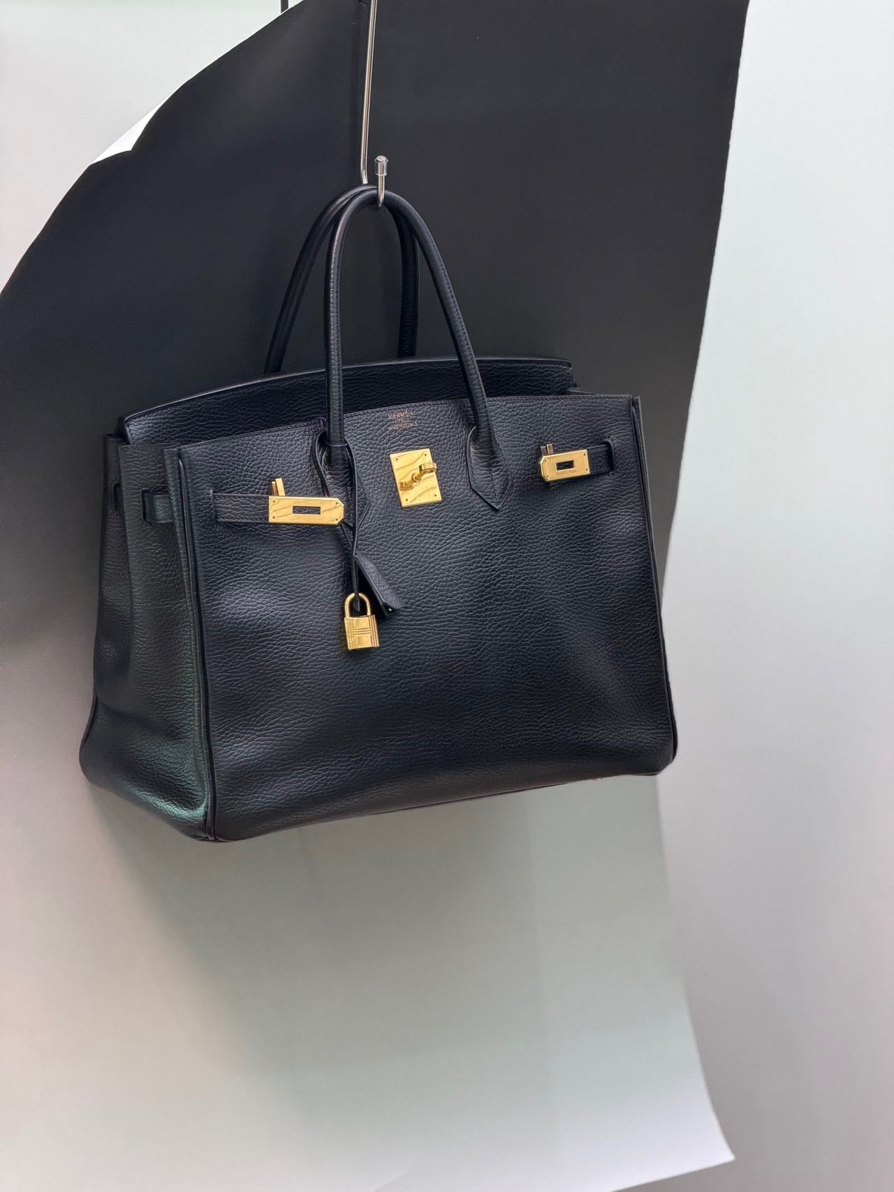 Hermes Birkin 35 Black Ardennes GHW Square F Stamp