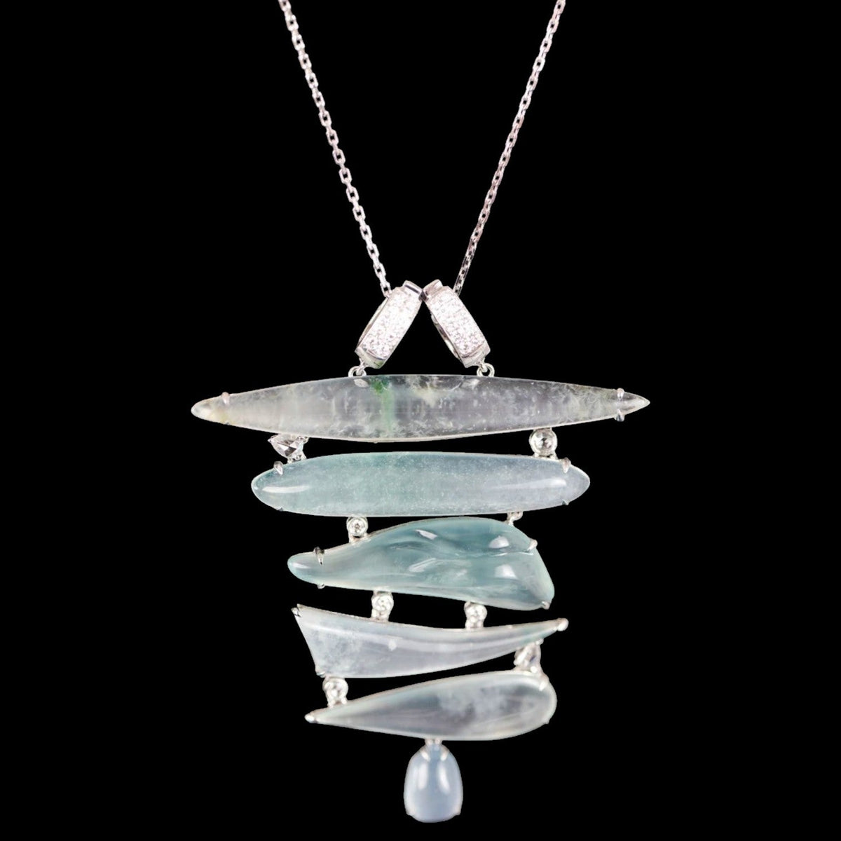 Natural White and Green Jade Stone Diamond Pendant 18K White Gold