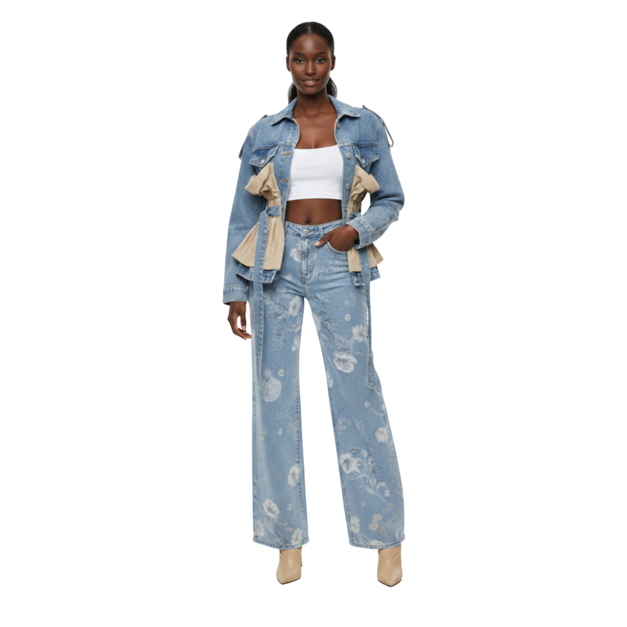 FLORAL WASHED BLUE DENIM TROUSERS (بنطلون) "CINTIYA"