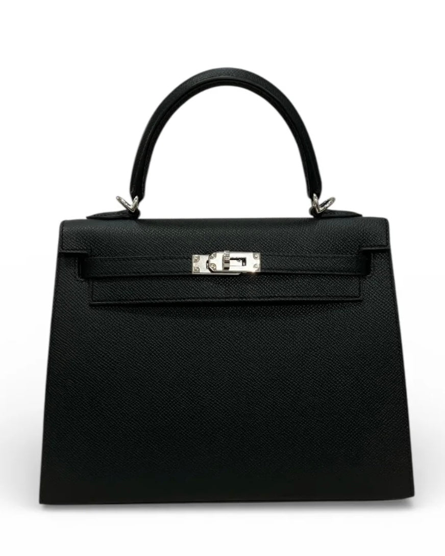 Hermes Kelly 25 Black Epsom Sellier with PHW - Full Set - K Stamp