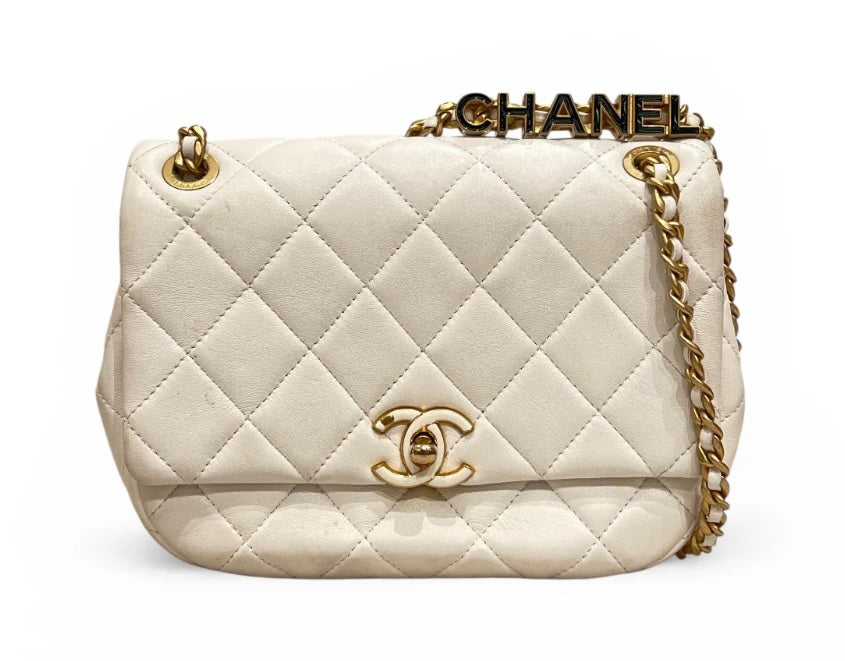 Chanel White CHANEL Letter Charms on Strap Flap Bag