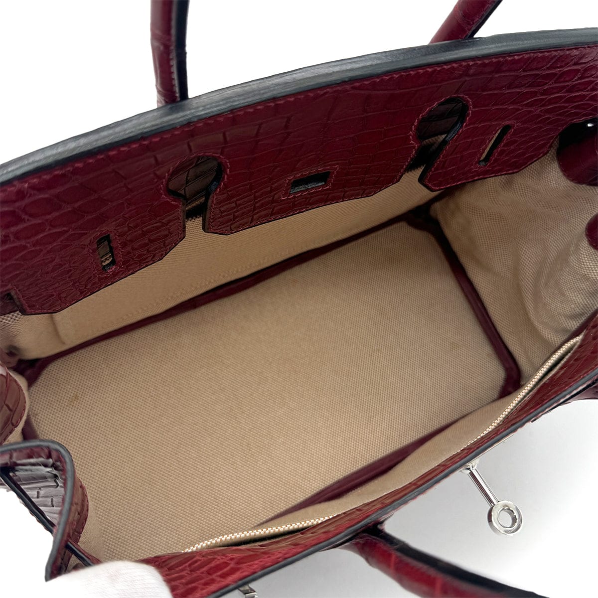 HERMES BIRKIN 30 BOURGOGNE CROCODILE NILOTICUS TOILE H HAND BAG 2001 SQUARE E PALLADIUM HARDWARE 90319996