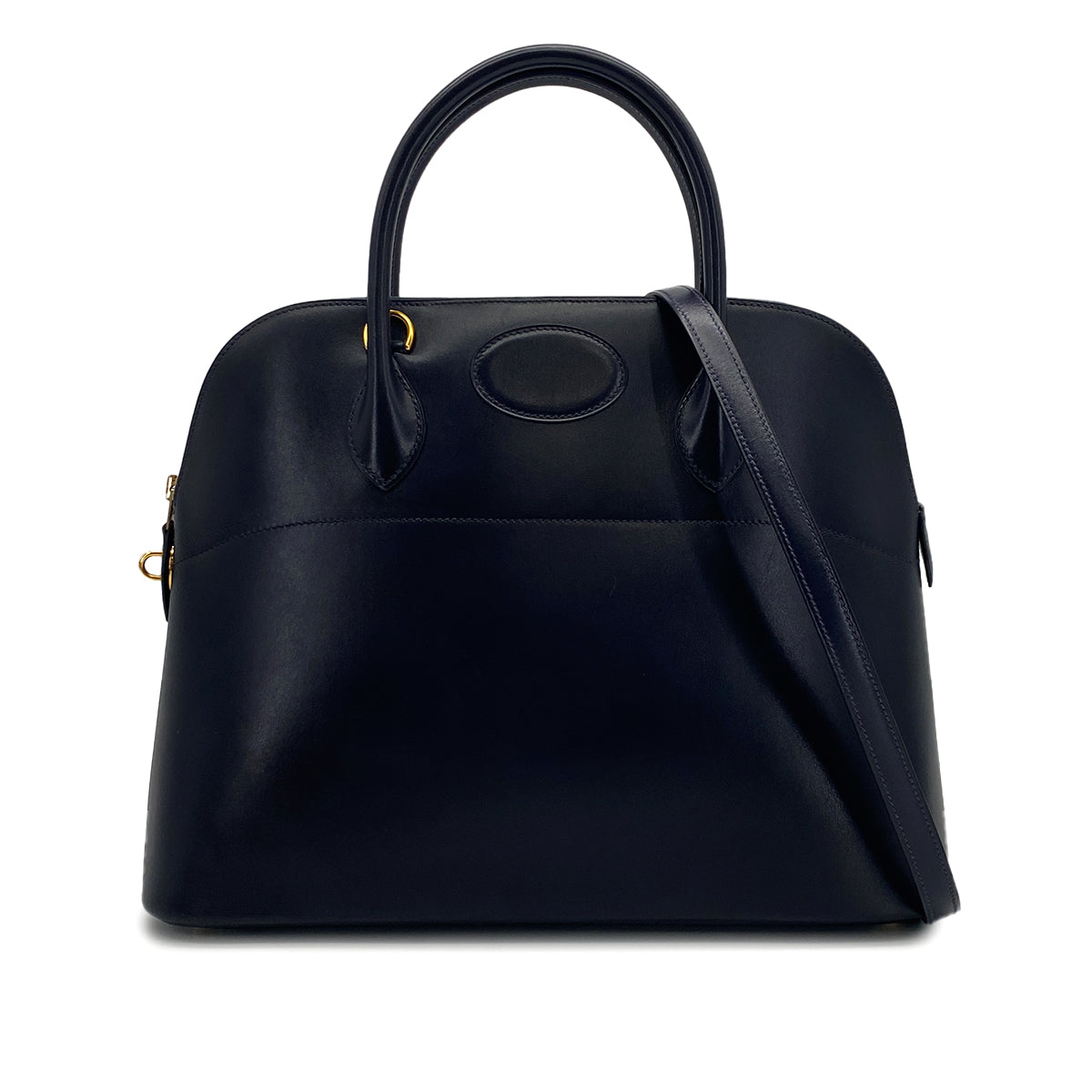 HERMES BOLIDE 35 BLUE INDIGO BOXCALF HAND SHOULDER BAG 1999 SQUARE C GOLD HARDWARE 90322167