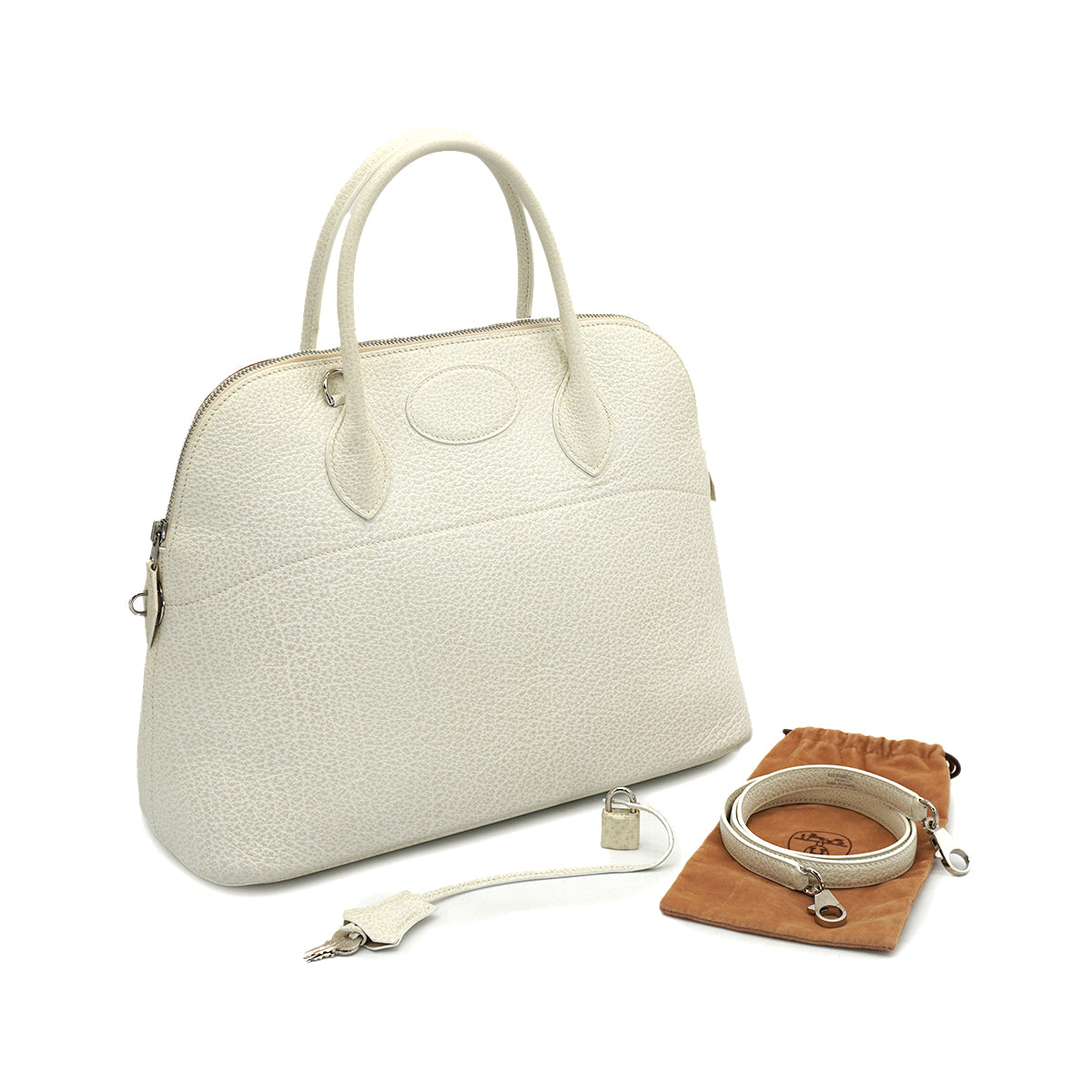 HERMES BOLIDE 35 WHITE BUFFLE SKIPPER HAND SHOULDER BAG 2001 SQUARE E PALLADIUM HARDWARE 90327060