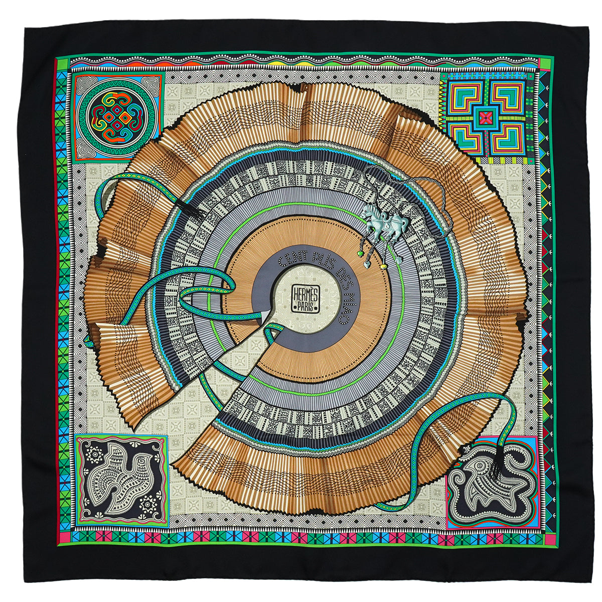HERMES CARRE 90 SCARF CENT PLIS DES MIAO BLACK SILK 90345078