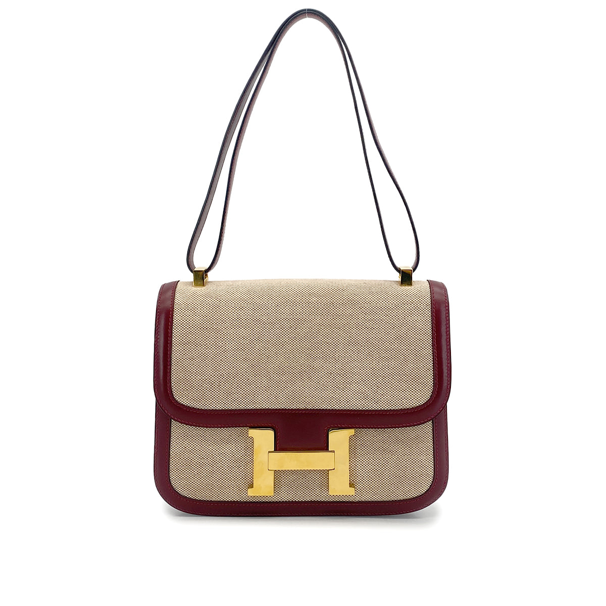 HERMES CONSTANCE 24 ROUGE H BOX CALF TOILE H SHOULDER BAG 1985 CIRCLE O GOLD HARDWARE 90325610