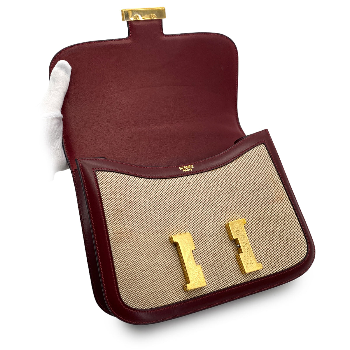 HERMES CONSTANCE 24 ROUGE H BOX CALF TOILE H SHOULDER BAG 1985 CIRCLE O GOLD HARDWARE 90325610