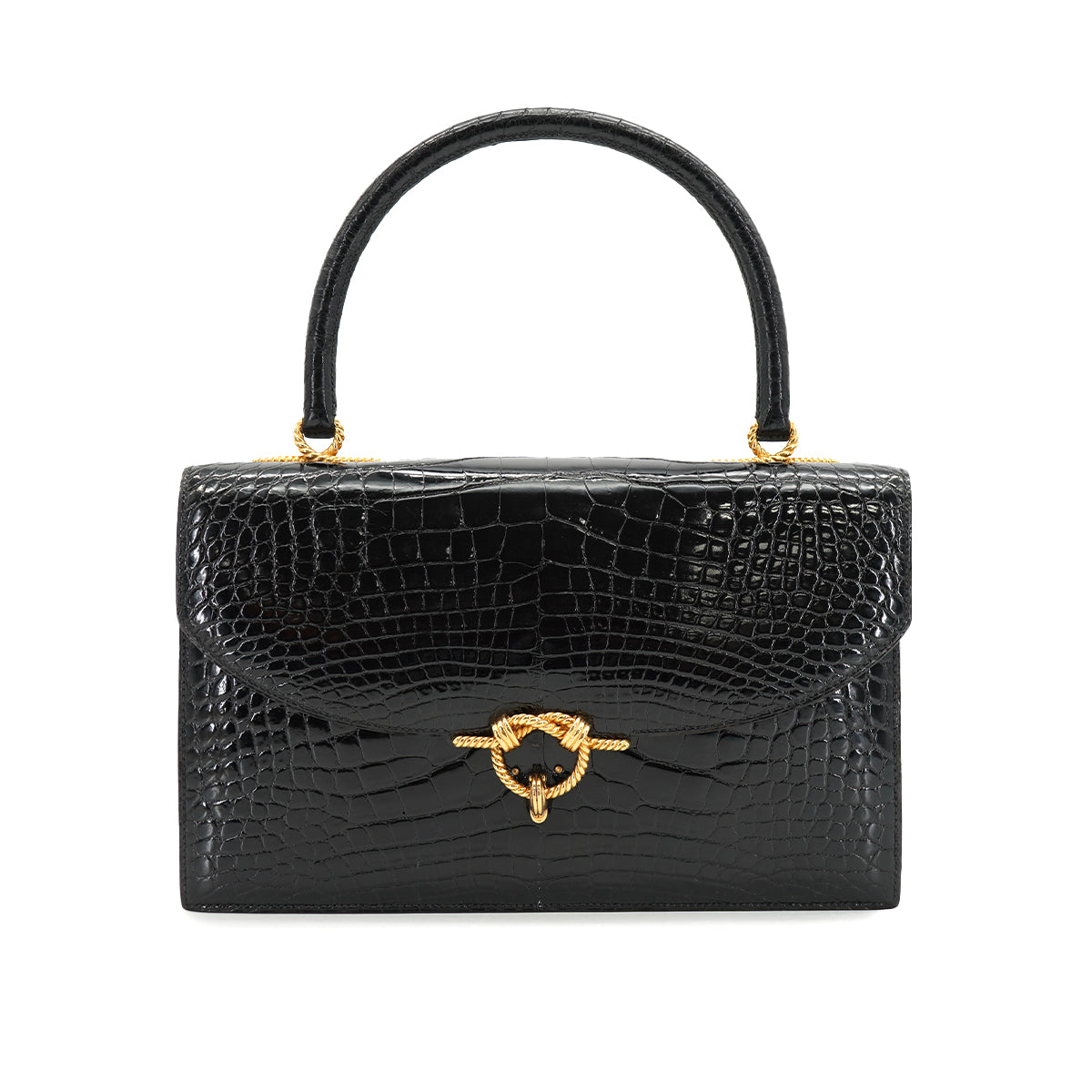 HERMES CORDELIERE ALLIGATOR BLACK HAND BAG 1990 CIRCLE T GOLD HARDWARE 90335570