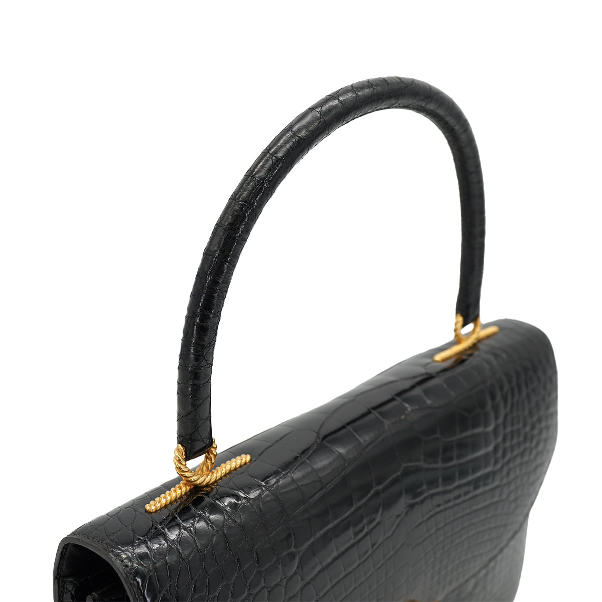 HERMES CORDELIERE ALLIGATOR BLACK HAND BAG 1990 CIRCLE T GOLD HARDWARE 90335570