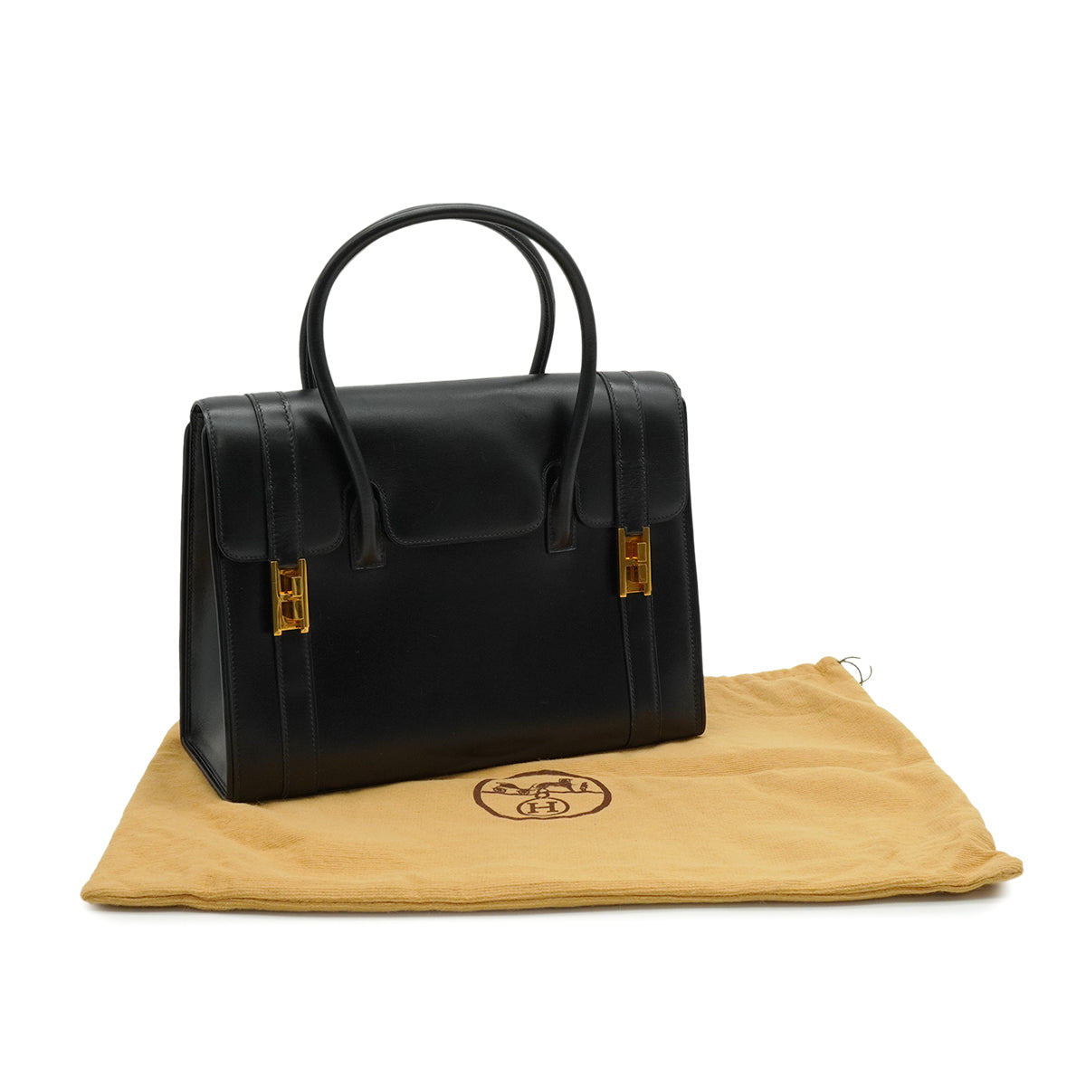 HERMES DRUG 27 BLACK BOX CALF HAND BAG 1978 CIRCLE H GOLD HARDWARE 90338297