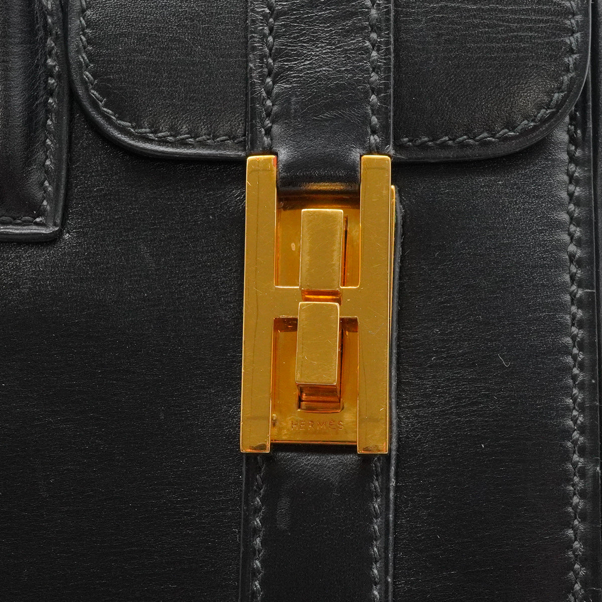 HERMES DRUG 27 BLACK BOX CALF HAND BAG 1978 CIRCLE H GOLD HARDWARE 90338297