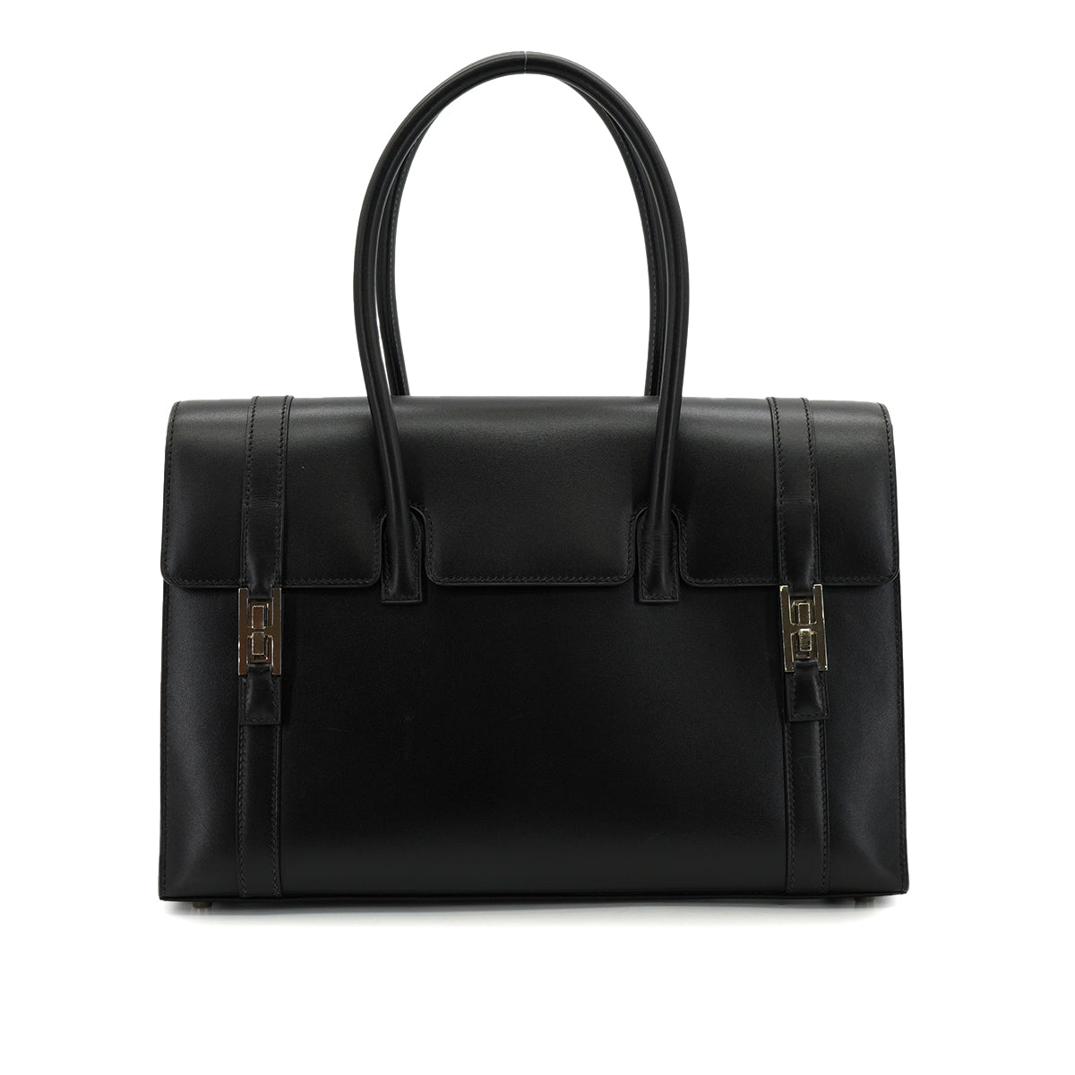 HERMES DRUG 32 BLACK BOX CALF HAND BAG 2002 SQUARE F PALLADIUM HARDWARE 90334266