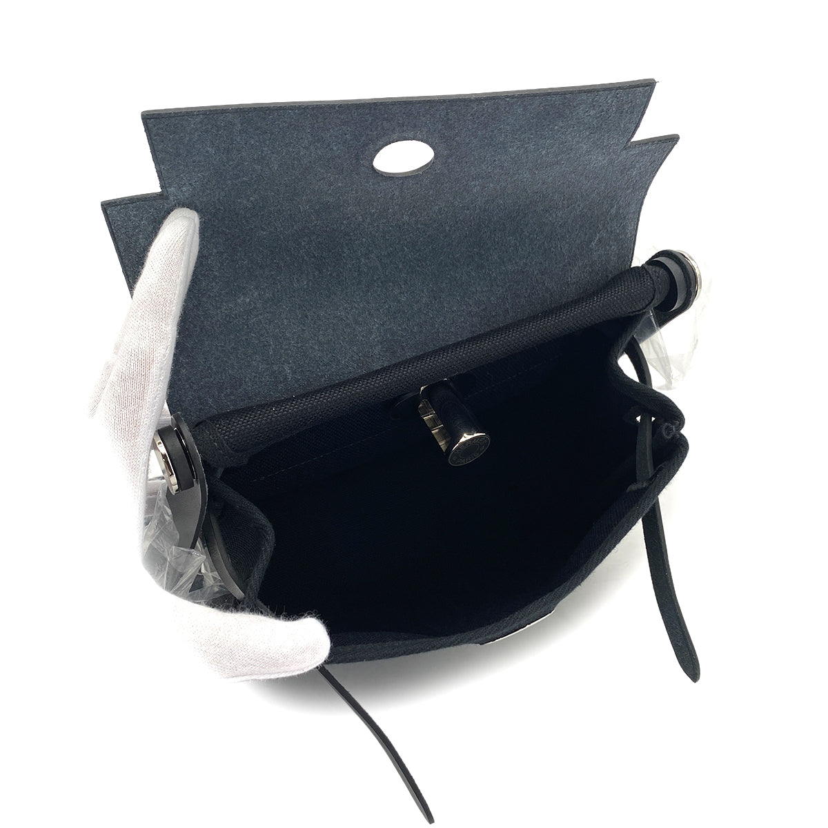 HERMES HER BAG ZIP 20 MINI BLACK VACHE HUNTER TOILE MILITAIRE TOTE SHOULDER BAG 2026 G STAMP 90324636