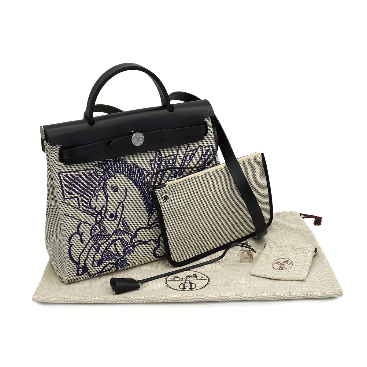 HERMES HER BAG ZIP 31 PM PEGASE POP BLUE INDIGO NOIR TOILE H VACHE HUNTER TOTE BAG 2019 D STAMP 90331286