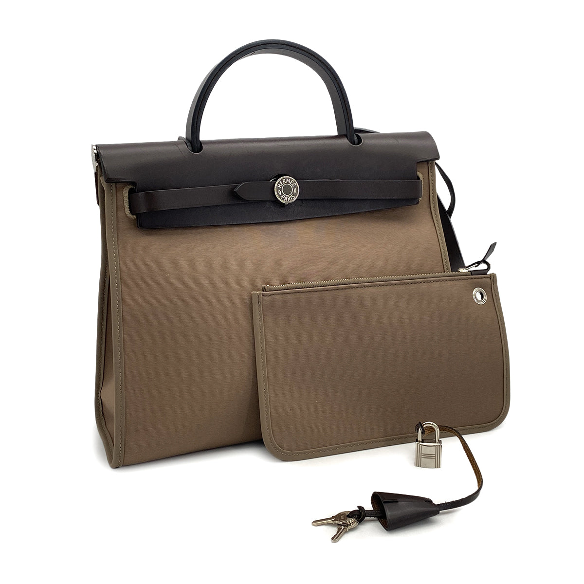 HERMES HER BAG ZIP PM 31 EBENE ETOUPE TOILE OFFICIER VACHE HUNTER TOTE SHOULDER BAG 2014 SQUARE R 90320167