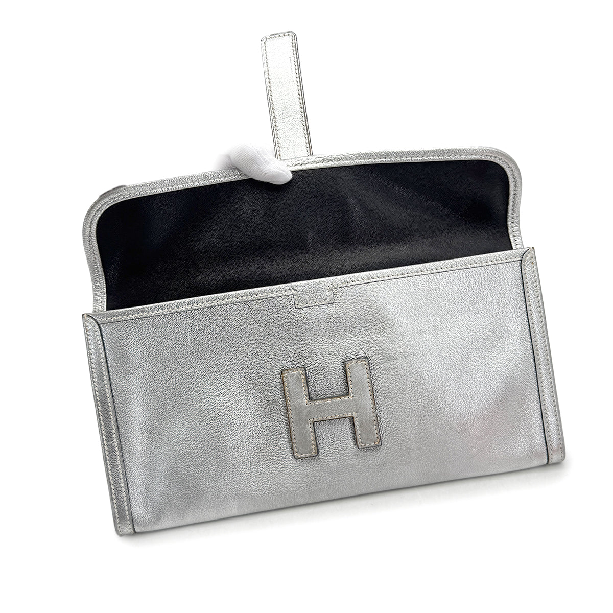 HERMES JIGE ELAN 29 SILVER CHEVRE CLUTCH BAG 2004 SQUARE H 90325324