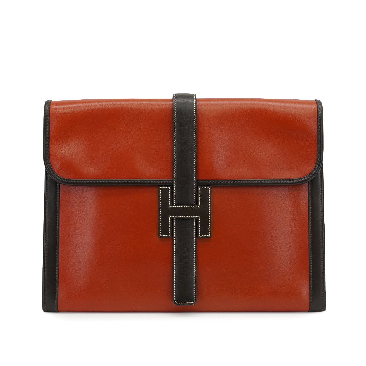 HERMES JIGE GM BRIQUE CHOCOLAT BOX CALF  CLUTCH BAG 1993 CIRCLE W 90340354