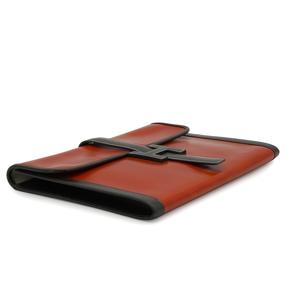 HERMES JIGE GM BRIQUE CHOCOLAT BOX CALF  CLUTCH BAG 1993 CIRCLE W 90340354