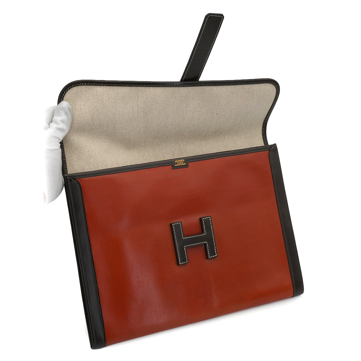 HERMES JIGE GM BRIQUE CHOCOLAT BOX CALF  CLUTCH BAG 1993 CIRCLE W 90340354