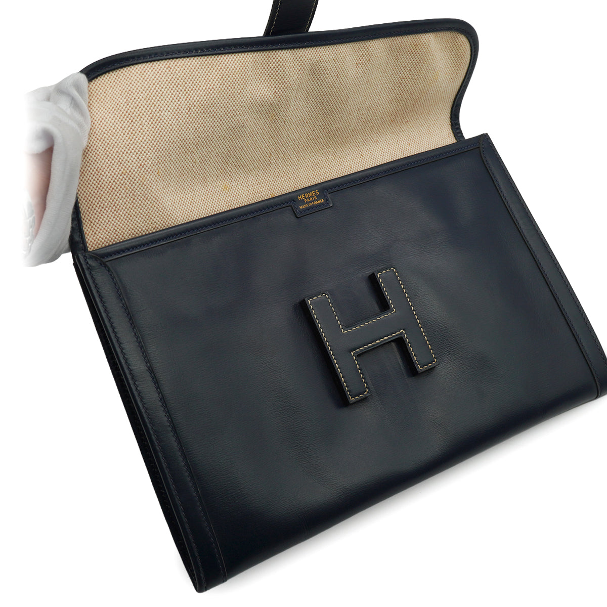 HERMES JIGE PM BLUE INDIGO BOXCALF CLUTCH BAG 1978 CIRCLE H 90338349
