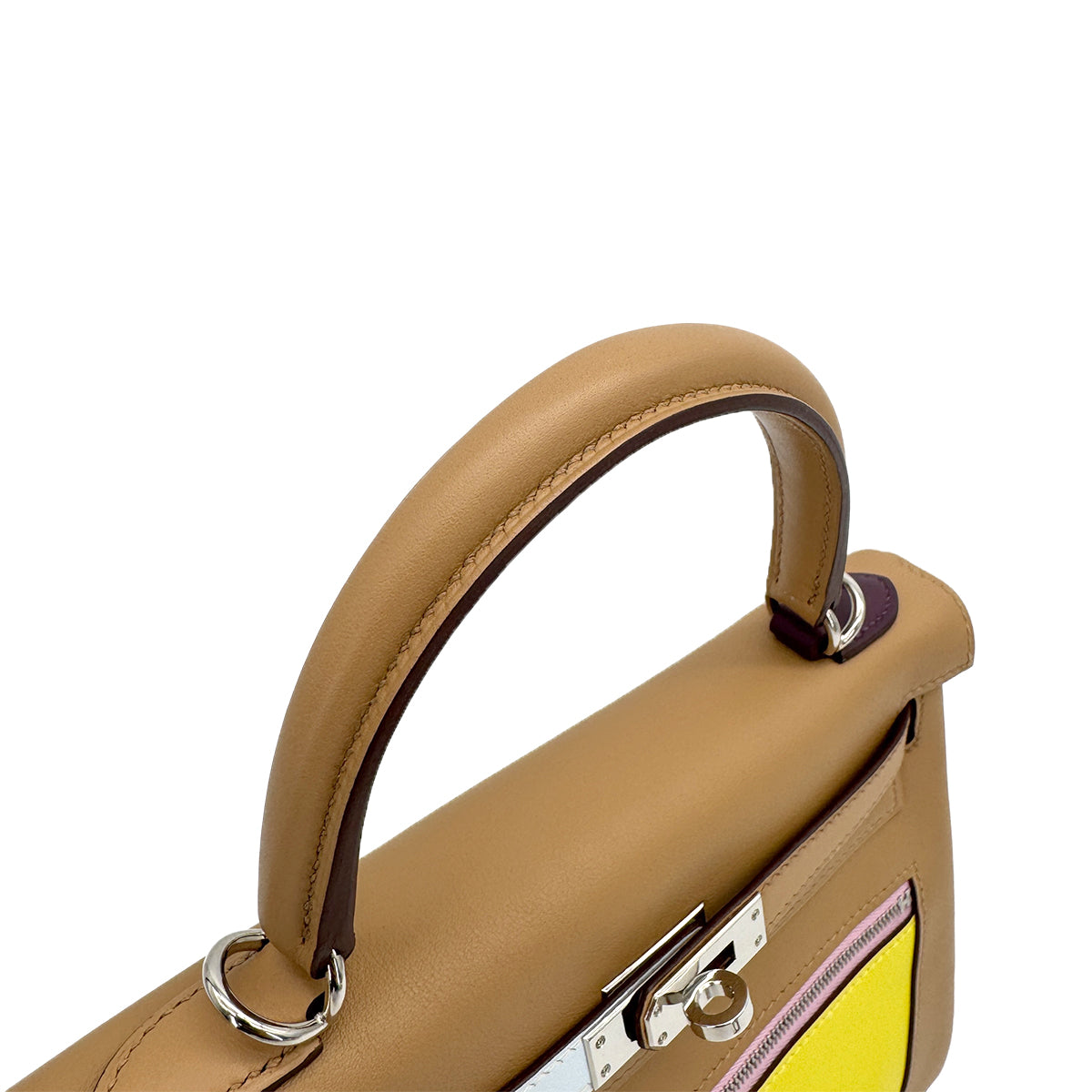 HERMES KELLY 25 COLORMATIC RETOURNE CHAI LIME BLUE BRUME CASSIS MAUVE SYLVESTRE NATA VEAU SWIFT HAND SHOULDER BAG 2023 B STAMP PALLADIUM HARDWARE 90319686
