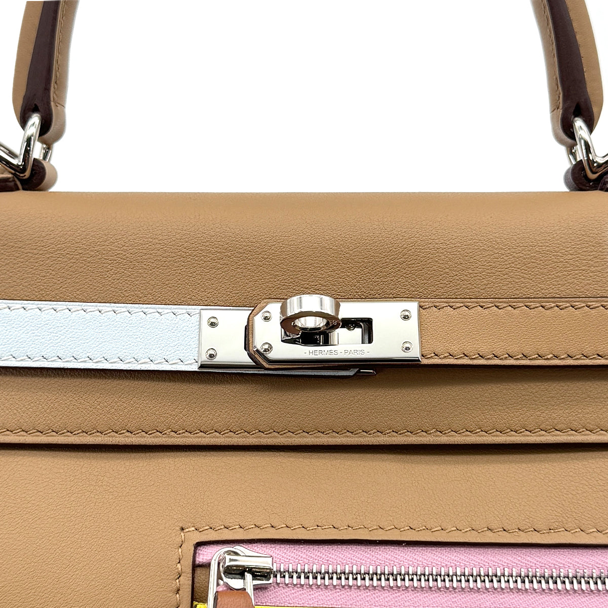 HERMES KELLY 25 COLORMATIC RETOURNE CHAI LIME BLUE BRUME CASSIS MAUVE SYLVESTRE NATA VEAU SWIFT HAND SHOULDER BAG 2023 B STAMP PALLADIUM HARDWARE 90319686
