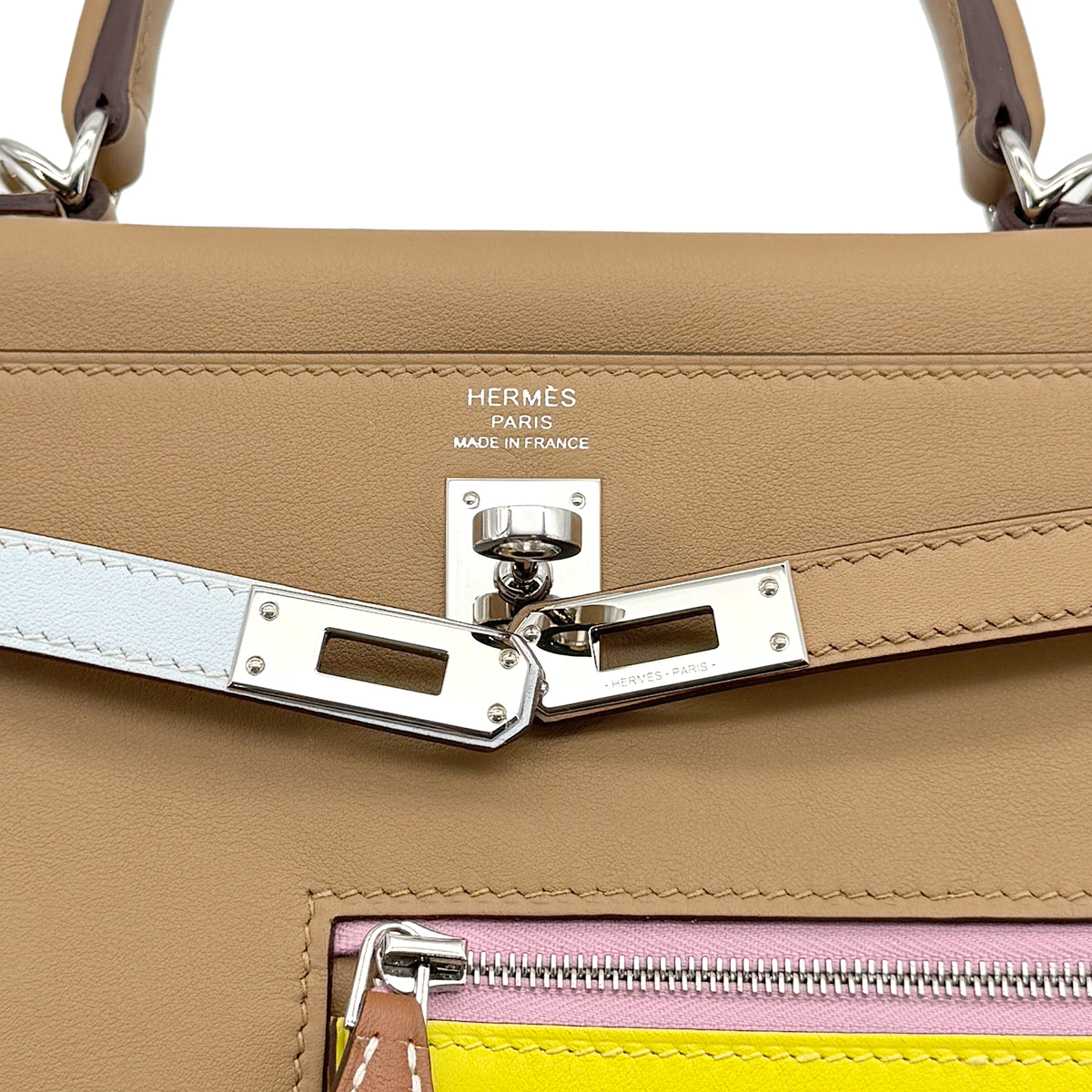 HERMES KELLY 25 COLORMATIC RETOURNE CHAI LIME BLUE BRUME CASSIS MAUVE SYLVESTRE NATA VEAU SWIFT HAND SHOULDER BAG 2023 B STAMP PALLADIUM HARDWARE 90319686