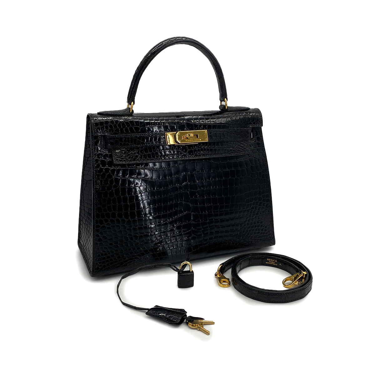 HERMES KELLY 28 BLACK POROSUS CROCODILE HAND SHOULDER BAG 1993 CIRCLE W GOLD HARDWARE 90321000