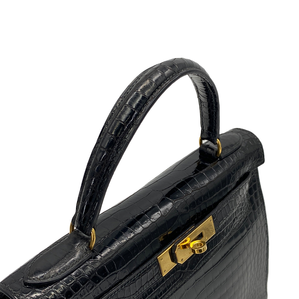 HERMES KELLY 28 BLACK POROSUS CROCODILE HAND SHOULDER BAG 1993 CIRCLE W GOLD HARDWARE 90321000