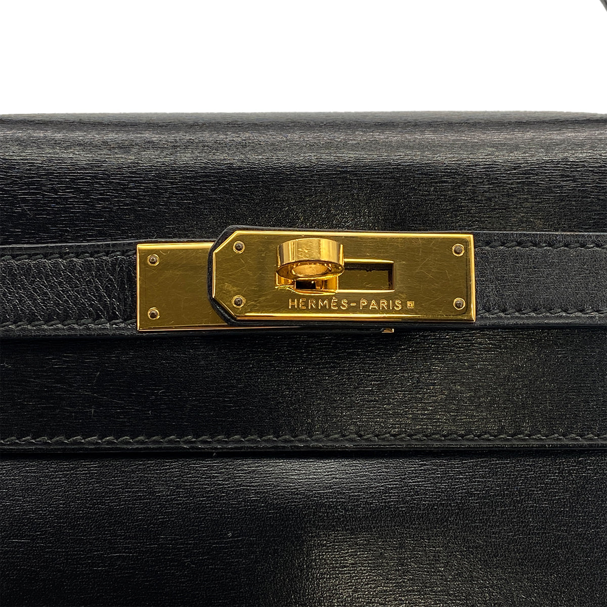 HERMES KELLY 28 RETORNE BLACK BOX CALF HAND SHOULDER BAG 1990 CIRCLE T GOLD HARDWARE 90317902