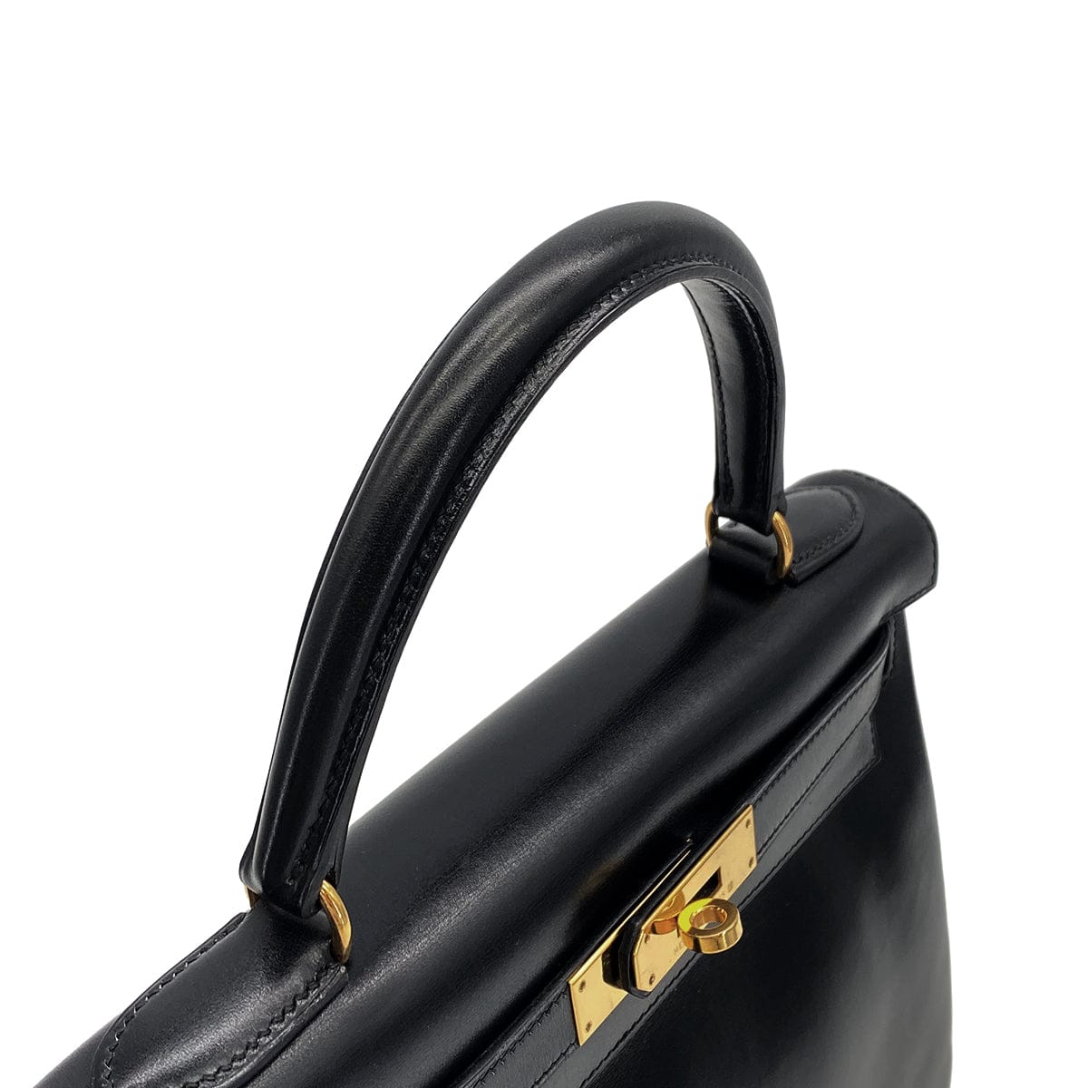 HERMES KELLY 28 RETOURNE BLACK BOXCALF HAND SHOULDER BAG 1999 SQUARE C GOLD HARDWARE 90324139