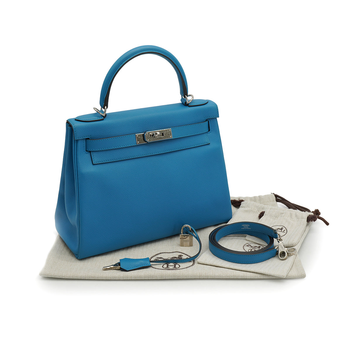 HERMES KELLY 28 RETOURNE BLEU ZANZIBAR EVERCOLOR HAND SHOULDER BAG 2017 A STAMP PALLADIUM HARDWARE 90331405