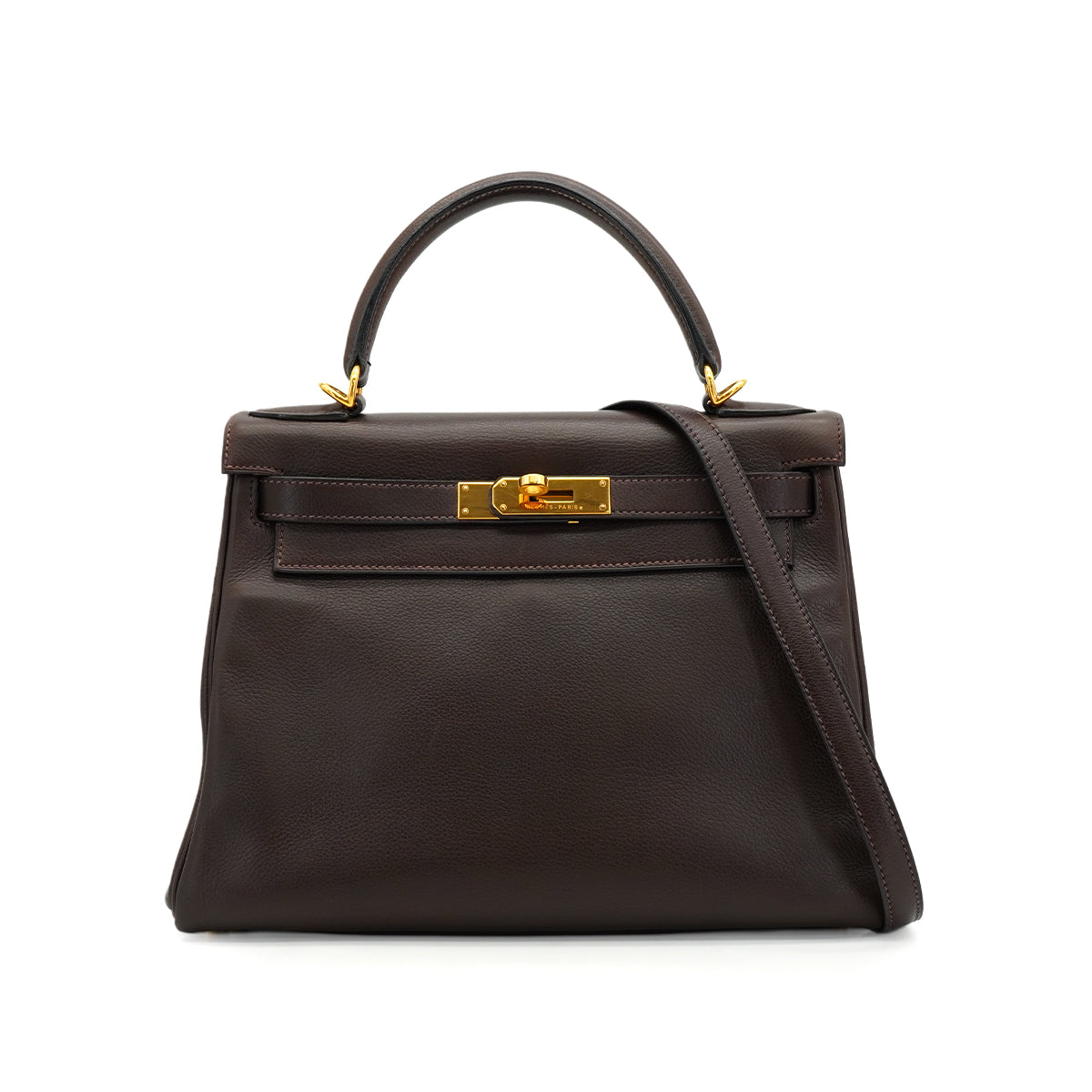 HERMES KELLY 28 RETOURNE CHOCOLATE VEAU GULLIVER HAND SHOULDER BAG 2001 SQUARE H GOLD HARDWARE 90344455