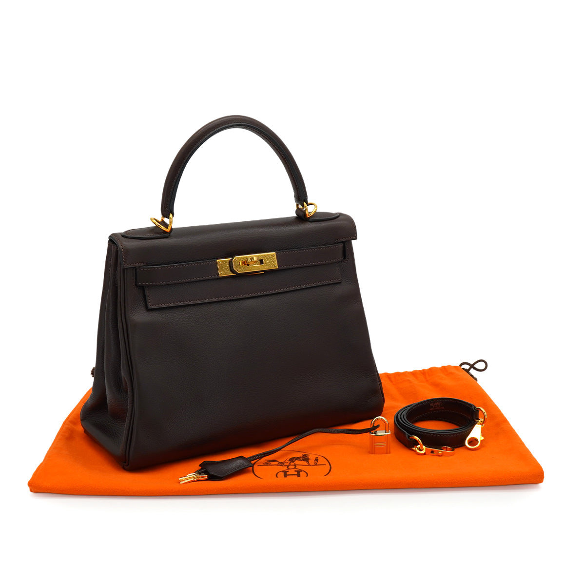 HERMES KELLY 28 RETOURNE CHOCOLATE VEAU GULLIVER HAND SHOULDER BAG 2001 SQUARE H GOLD HARDWARE 90344455